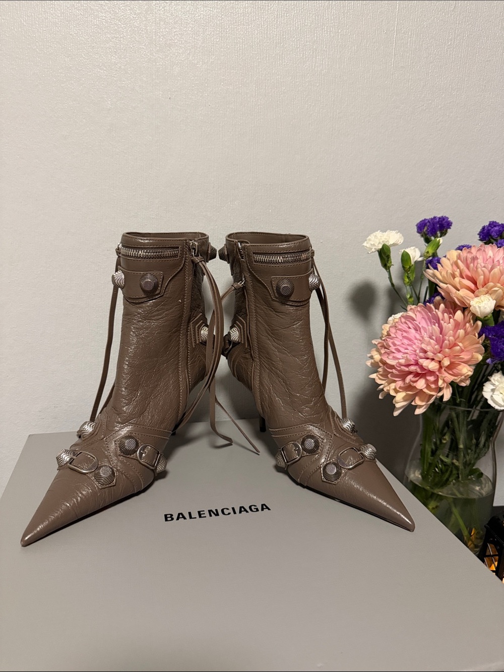 Balenciaga Brown / Silver Pointed Toe Leather Ankle Boots with Strap Accents